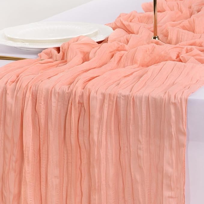 Socomi 3pcs Coral Peach Fall Thanksgiving Cheesecloth Table Runner Boho Rustic Gauze 120 inch 10FT Cheese Cloth Runner for Wedding Party Baby Shower Birthday Home Decor Holiday Decorations