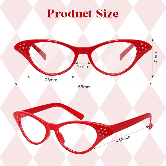 Fumwase 4PCS Cat Eye Glasses with Rhinestones 50s 60s Party Costume Glasses Old Lady Glasses for Halloween Cossplay Hip Hop Dress up (4, Black+White+Red+Pink)