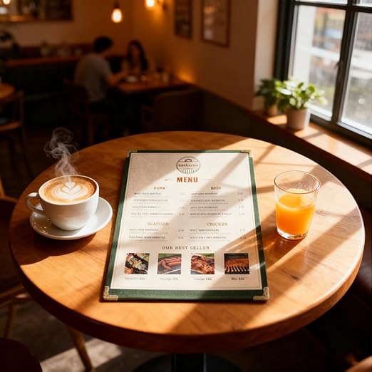 Goodsmart Restaurant Menu Covers – 25 Pack Green 2-View, Top-Loading Menu Holders, Vinyl & Plastic Café Menu Covers, Clear Menu Sleeves, Fits 5.5" x 8.5", Leather-Style Design, Gold Corners
