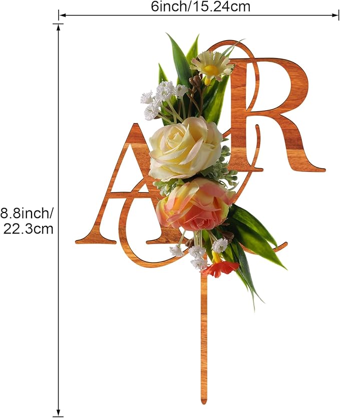 Wedding Cake Topper with 3D Artificial Flowers and Green Leaves Custom Initials Personalized Wooden Anniversary Cake Decoration (Maple)