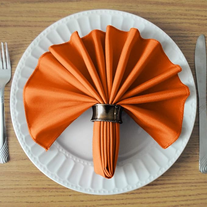 TableLinensforLess 17"x17" Polyester Cloth Napkins, Set of 12 (Pumpkin Orange) | Easy-Care, No-Iron Finish, Superior Color Retention, Machine Washable