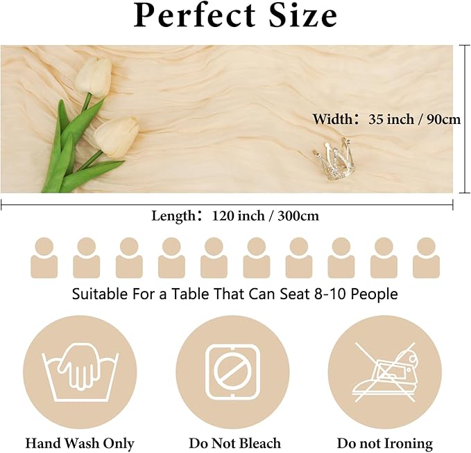 NESCCI 2 PCS Beige Table Runner,Rustic Boho Cheesecloth Table Runner,35x120 Inches Beige Runners for Tables, Pefect for Mothers Day Wedding Baby Shower Birthday Party Home Decorations