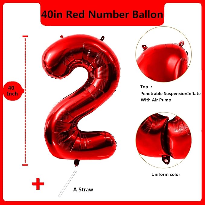 40 Inch Red Number 2 Balloon Large Red Foil Balloon Red 2 Balloons Mylar Helium Balloon for 2nd Birthday Party Decorations Girls Boys Baby Shower Wedding Anniversary Decoration