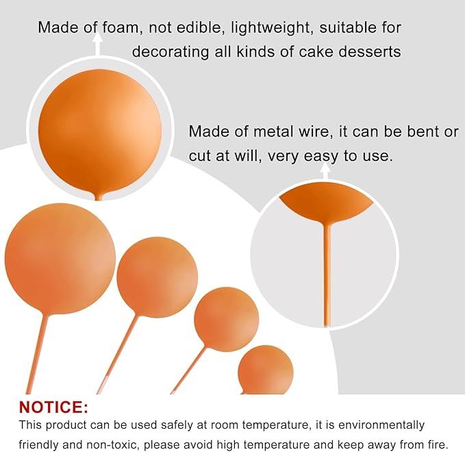 ASTARON 20 Pcs Ball Cake Topper Decorations Mini Balloons Cake Topper Sticks Orange Balls Cake Picks Cake Topper Balls Cake Decorations for Halloween Birthday Cake Decorations