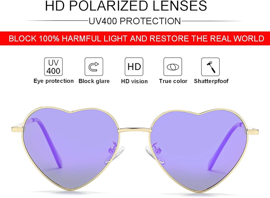 JOVAKIT Polarized Heart Sunglasses for Women Fashion Lovely Style Metal Frame UV400 Protection Lens