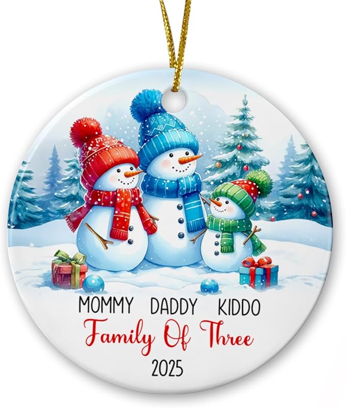 Personalized Snowman Family of Three Christmas Tree Ornament 2025, Dad Mom Baby Snowman Ceramic Ornament, 1st Xmas As a Family of 3 Ornament Gift, Custom Names Snowman Family Ornament Christmas