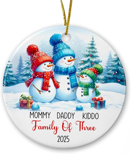 Personalized Snowman Family of Three Christmas Tree Ornament 2025, Dad Mom Baby Snowman Ceramic Ornament, 1st Xmas As a Family of 3 Ornament Gift, Custom Names Snowman Family Ornament Christmas