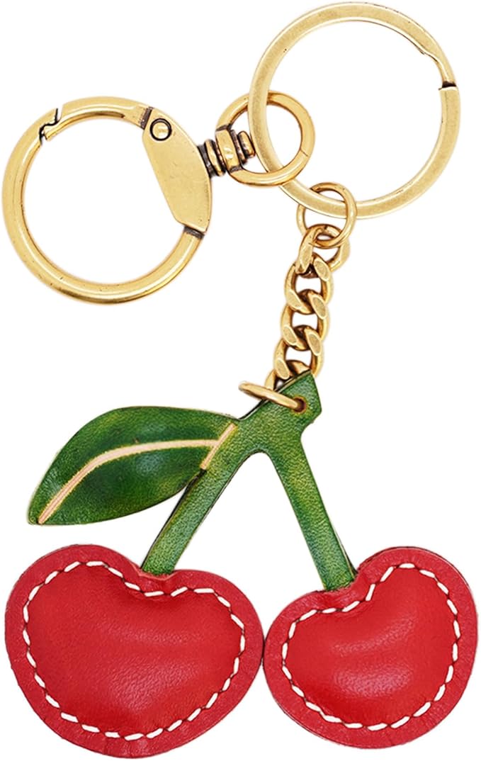 Handmade Genuine Leather Cherry Keychain - Cute Red Fruit Keyring for Women Girls, Fashion Bag Purse Charm Accessory Gift(Unisex Gift)
