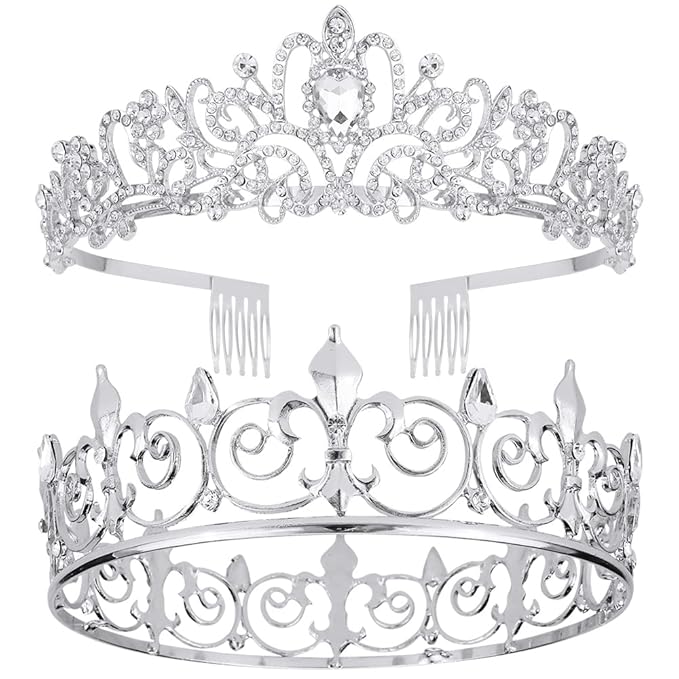 AOPRIE King & Queen Tear Drop Tiara and Crown for Women Men Crystal Hair Accessories for Wedding Prom Bridal Birthday Party Halloween Costume Christmas Gifts Silver Princess Tiara for Girls Boys