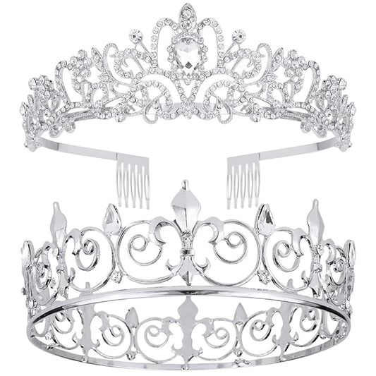 AOPRIE King & Queen Tear Drop Tiara and Crown for Women Men Crystal Hair Accessories for Wedding Prom Bridal Birthday Party Halloween Costume Christmas Gifts Silver Princess Tiara for Girls Boys