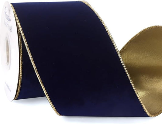 Ribbli Navy Velvet Wired Ribbon 4 Inch Luxury Matte Velvet Christmas Ribbon for Gift Wrapping Christmas Tree Decoration Crafts Wreaths Supplies - 10 Yards