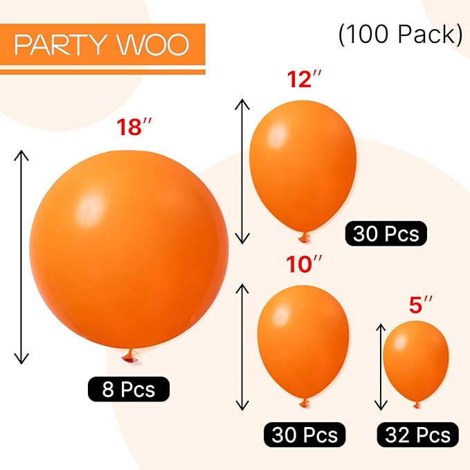 PartyWoo Orange Balloons 100pcs Different Sizes of 18 12 10 5 Inch Matte Autumn Balloon Arch Kit Garland for Thanksgiving Halloween Fall Little Cutie Baby Shower Birthday Party Decorations Orange-Y9