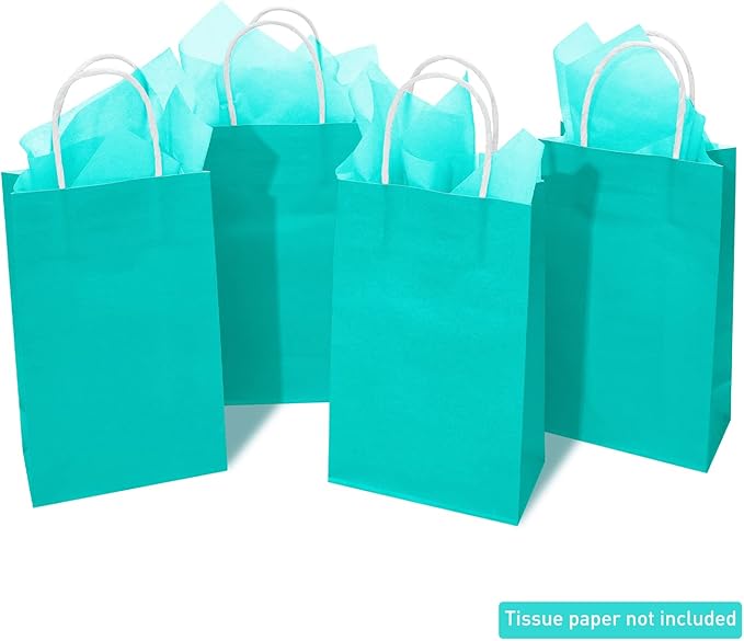 DjinnGlory 100 Pack Small Size Teal Blue Paper Gift Bags with Handles Bulk 9x5.5x3.15 Inch for Holiday Birthday Wedding Baby Shower Party Favors, Business Merchandise Shopping Bags