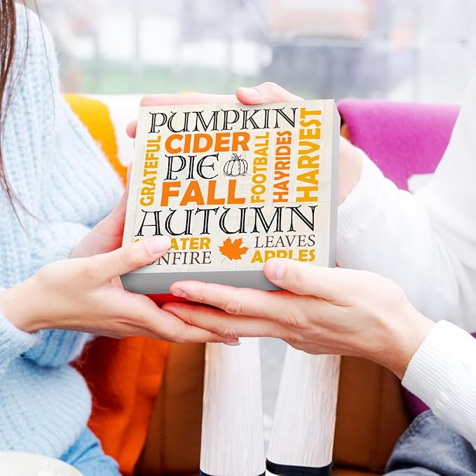 Funny Autumn Wood Box Sign Autumn Theme Wooden Block Desk Decor for Home Office Kitchen Cubicle Table Shelf Tabletop,Farmhouse Fall Sign Decor