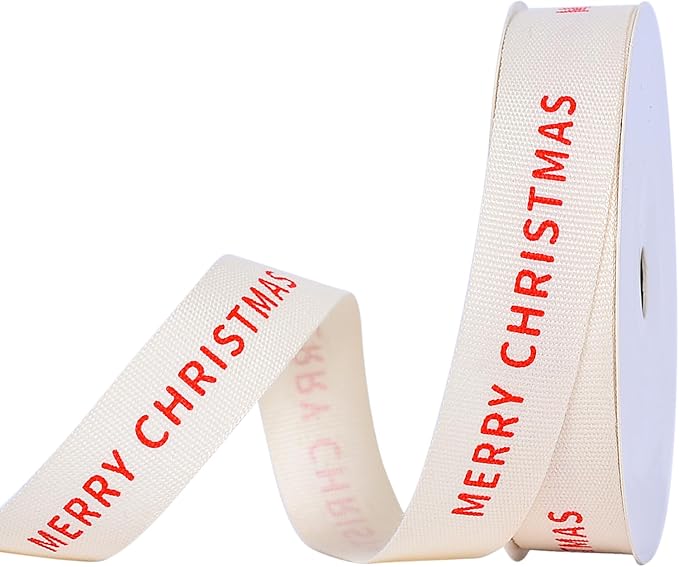 Ribest Merry Christmas Ribbon, 5/8 Inch × 10 Yards, Christmas Cotton Natural Ribbon for Gift Wrapping Crafts Bows Home Decor