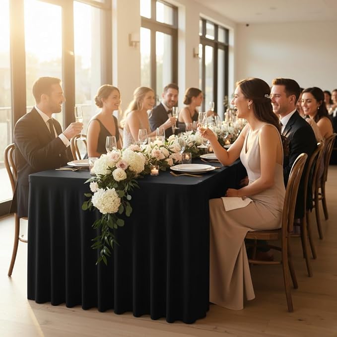 HolidayIdeas Black 8ft Rectangle Spandex Tablecloth 4 Pcs Fitted Stretch Table Skirts 30x96 Inch, Ruffle Design Wrinkle-Free Polyester Table Cover for Banquets,Trade Shows, Parties, Events