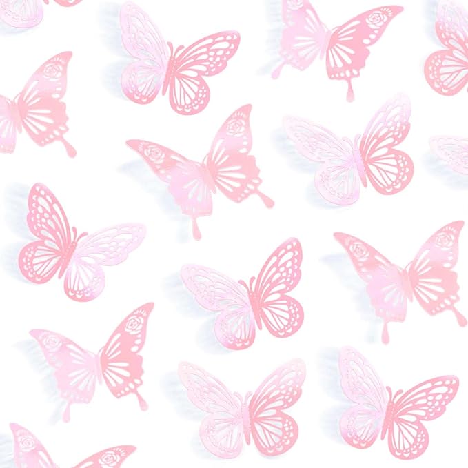 Pink Butterfly Decorations, 48Pcs 2 Styles 3 Sizes Butterflies for Cake Cupcake Toppers, 3D Paper Sticker for Bouquets Birthday Baby Shower Kids Girl Room Wall Nursery Grad Graduation Caps Decor