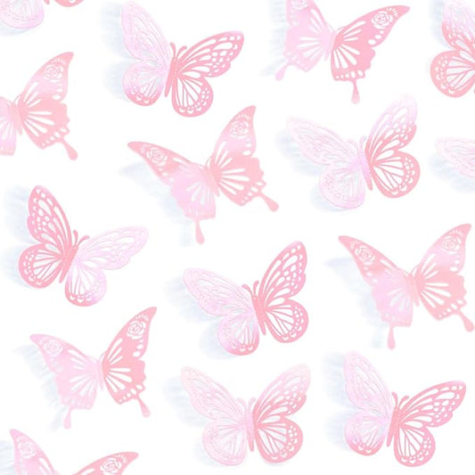 Pink Butterfly Decorations, 48Pcs 2 Styles 3 Sizes Butterflies for Cake Cupcake Toppers, 3D Paper Sticker for Bouquets Birthday Baby Shower Kids Girl Room Wall Nursery Grad Graduation Caps Decor