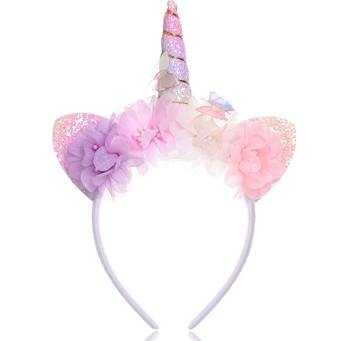 Unicorn Headband for Women - Flower Glitter Horn with Butterfly & Ears Headband, Magical Blossom Hair Accessory for Birthday Party Hair Decoration,Halloween Christmas Cosplay Hairband