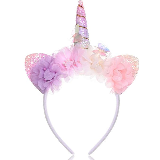 Unicorn Headband for Women - Flower Glitter Horn with Butterfly & Ears Headband, Magical Blossom Hair Accessory for Birthday Party Hair Decoration,Halloween Christmas Cosplay Hairband