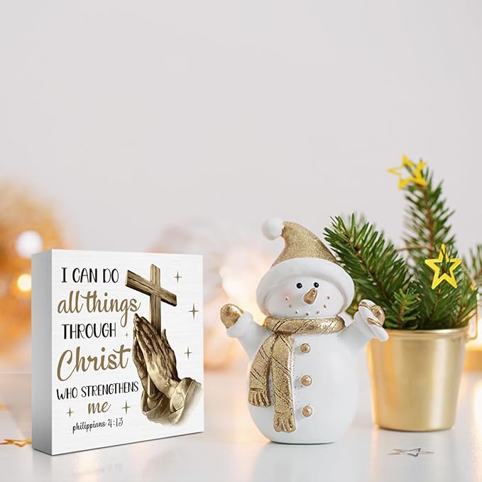 Christian Christmas Decorations, Christ Decor with Praying Hands, Religious Bible Gifts for Women, Men - Baptism Decorations for Home Desk Table Shelf 5 X 5 Inch
