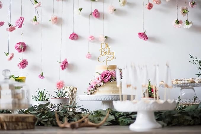 Oh Baby Cake Topper - Wooden Baby Shower Cake Decorations - Smash Gender Reveal Cake Topper for Photo Booth Props (Wood Color)