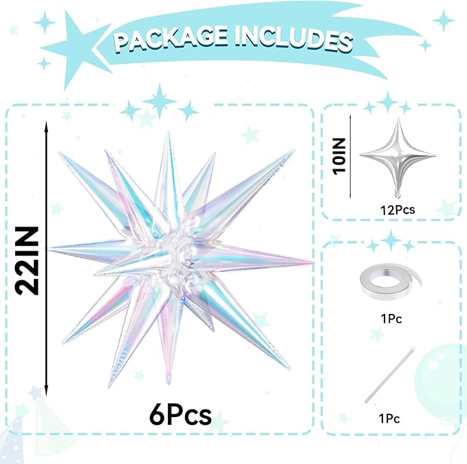 18 Pcs Iridescent Star Balloons, Iridescent Clear Stars Foil Balloon with 6 Pcs 22-Inch Explosion Star Balloons 12Pcs Silver 10-Inch Four Pointed Stars Balloon for Birthday New Year Party Decors