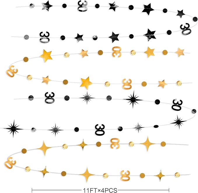 Black Gold 30th Birthday Decorations Number 30 Circle Dot Twinkle Star Garland Metallic Streamer Bunting Banner Backdrop for Mens Womens Happy Dirty 30 Year Old Thirty Anniversary Party Supplies