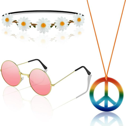 NEBURORA Hippie Costume Accessories Set 60s 70s Daisy Headband Peace Sign Necklaces Hippie Sunglasses for Carnival Party