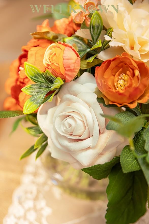 Artificial Flowers in Vase, WELL KNOWN Silk Rose Peony Flower Bouquet Table Centerpieces with Faux Water for Fall Home, Fake Flower Arrangement for Seasonal Party Decor (Burnt Orange & Champagne Plus)
