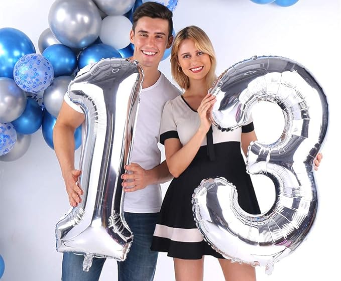 Silver 13 Number Balloons Big Giant Jumbo Large Number 13 Foil Mylar Balloons for Girl Boy 13th Birthday Party Supplies 13 Anniversary Events Decorations-40 inch