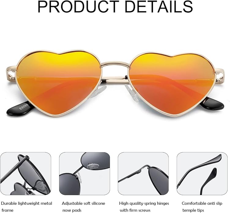 JOVAKIT Polarized Heart Sunglasses for Women Fashion Lovely Style Metal Frame UV400 Protection Lens