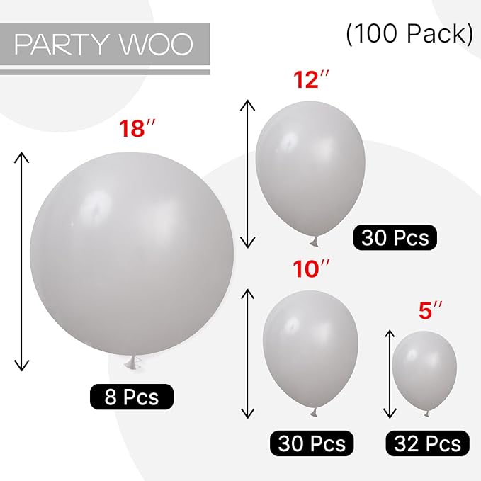 PartyWoo Gray Balloons 100 pcs Different Sizes of 18 12 10 5 Inch Matte Grey Latex Balloon Arch Kit Garland for Baby Shower Gender Reveal Graduation Elephant Birthday Party Decorations Gray-Y71