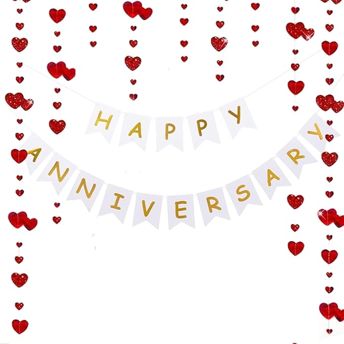 Happy Anniversary Banner Balloons Wedding Love Party and Background Indoor Outdoor Decorations (Red Heart)