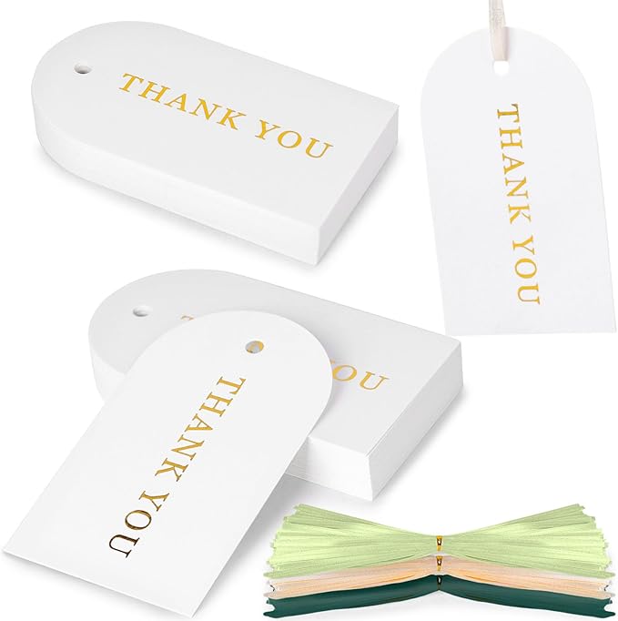 SallyFashion 120PCS Thank You Gift Tags, White Paper Tags with Ribbon Gold Stamping Hanging Labels for Party Favors Birthday Baby Shower