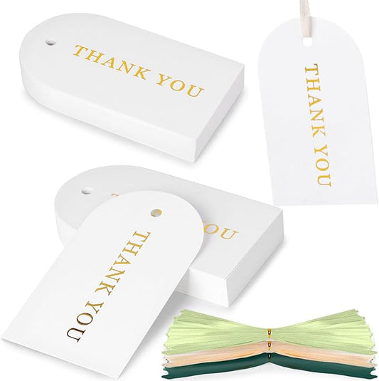 SallyFashion 120PCS Thank You Gift Tags, White Paper Tags with Ribbon Gold Stamping Hanging Labels for Party Favors Birthday Baby Shower