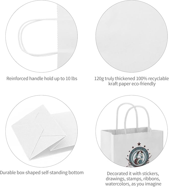 COGLARING 100Pcs White Gift Bags with Handles - 11x5.9x11 Inch Kraft Paper Bags Bulk for Weddings, Parties, Retail & Gift Wrapping - White Paper Bag