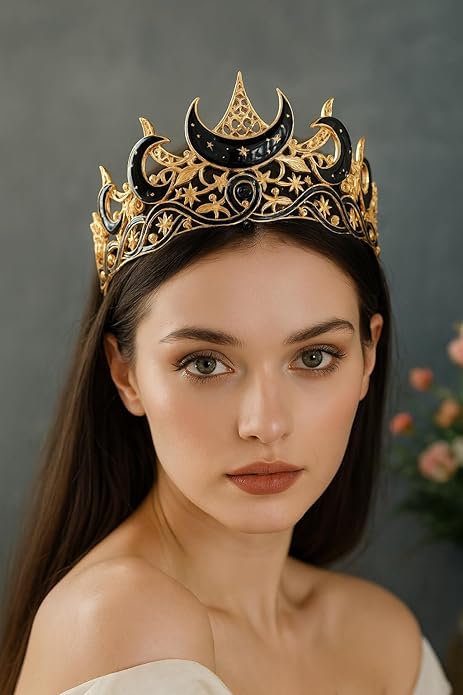 Gothic Black Moon Star Tiara Crown for Women Girls, Retro Celestial Witch Headpiece with Crescent Moon and Stars, Costume Cosplay Halloween Party Prom Wedding Birthday Accessories