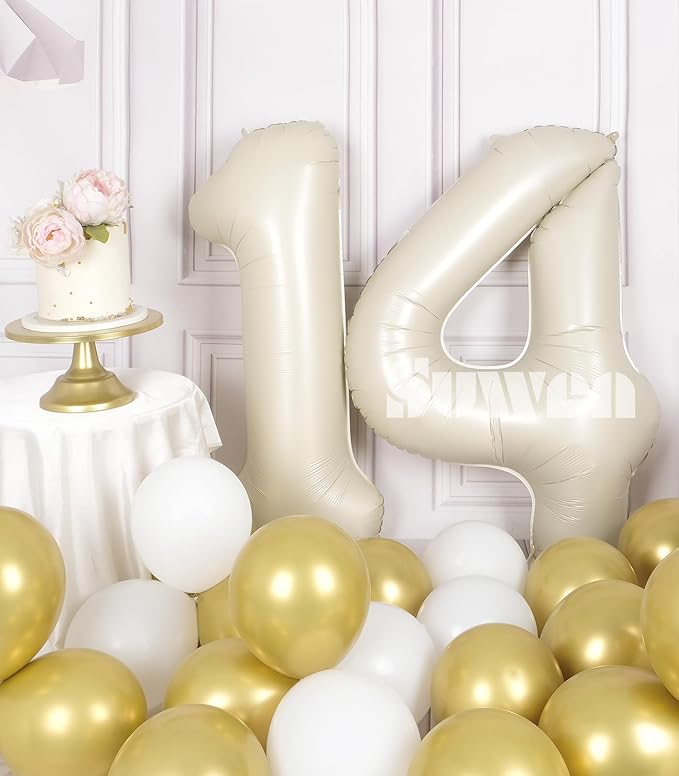 SUWEN 40 Inch Cream White Large 14 Number Balloons Big Foil Helium Number Balloons 0-9 Jumbo Happy 14th Mylar Birthday Party Decorations for Boy or Girl 41 Anniversary Party Supplies