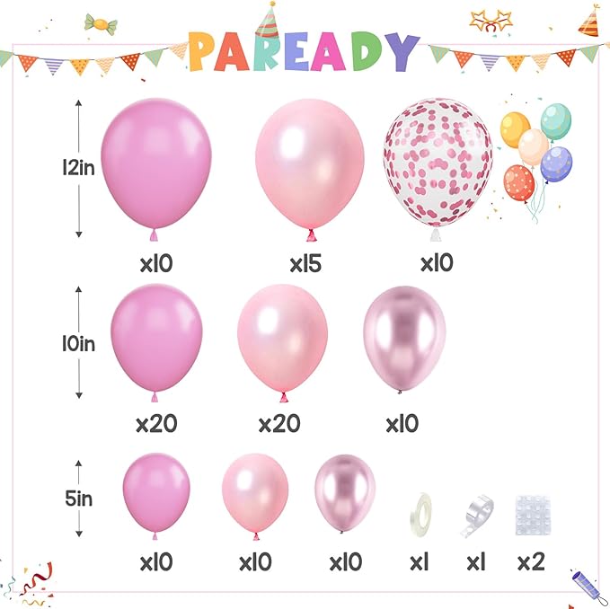 Paready Pink Shades Balloons Garland Arch Kit 115Pcs for Girls Birthday Engagement Wedding Bridal Shower Baby Shower Graduation Party Decorations