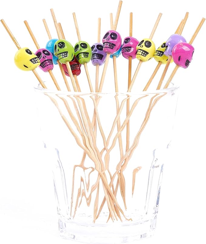 PuTwo Cocktail Picks Handmade Bamboo Toothpicks 100ct 4.7" in Multicolor Skulls