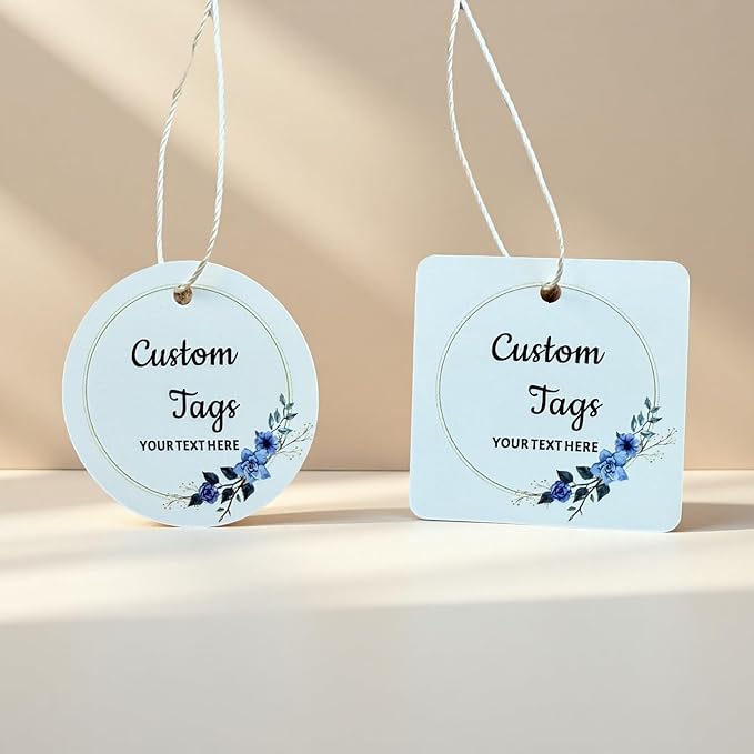 Personalized Gift Tags, Square Round Paper Thank You Tag for Wedding Baptism Birthday Favors, Custom Hang Tags with Your Text and String (Design4)