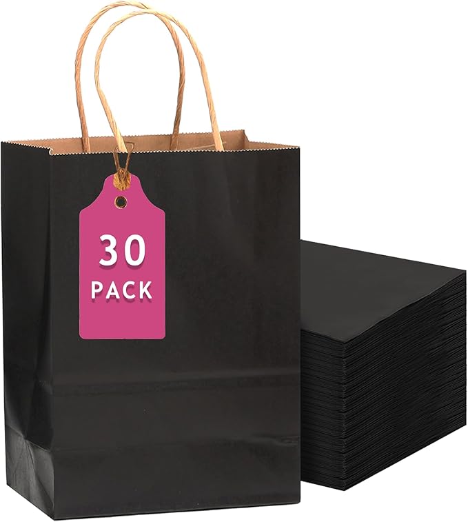 qiqee 30-Packs Black Gift Bags with Handles Bulk 13''x5 x10 Large Size Kraft Party Paper Bags