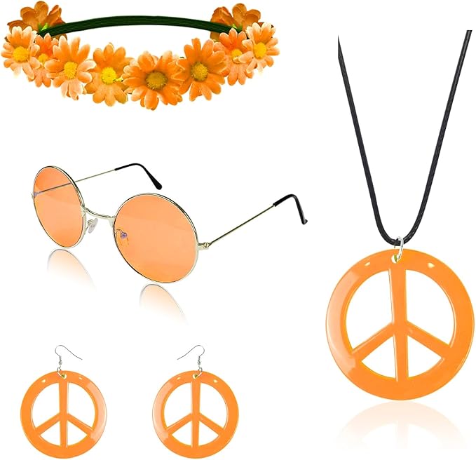 Hippie Costume Set Includes Peace Sign Necklace and Earring, Flower Crown Headband and Sunglasses 60s 70s Party Accessories