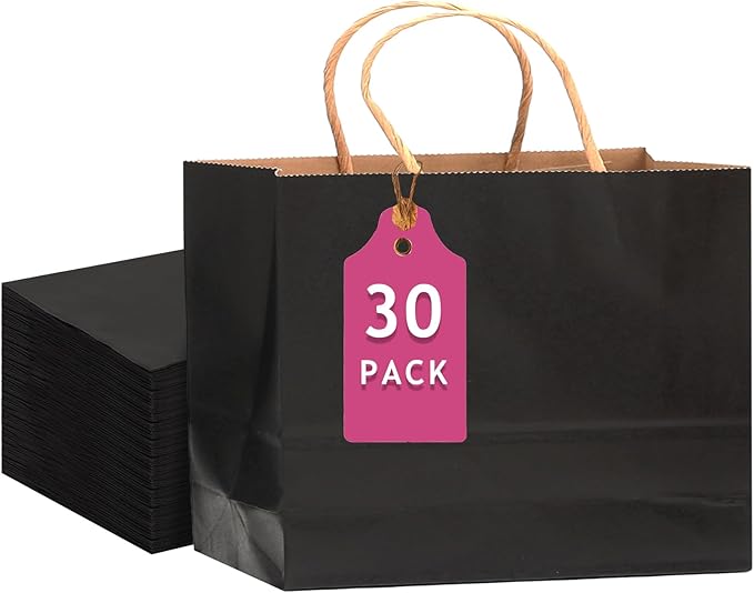 qiqee 30-Packs Black Gift Bags with Handles Bulk 13"x4.5"x10" Wide Large Size Kraft Party Paper Bags
