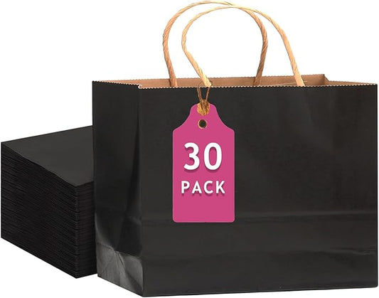 qiqee 30-Packs Black Gift Bags with Handles Bulk 13"x4.5"x10" Wide Large Size Kraft Party Paper Bags