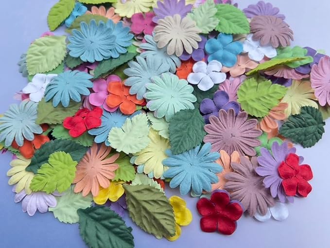 100 Pcs Handmade Mixed Mulberry Paper Flowers Petals and Leaves Scrapbooking Wedding DIY Craft Supplies Card(Mixed Pastel Flowers/Green Tone Leaves)