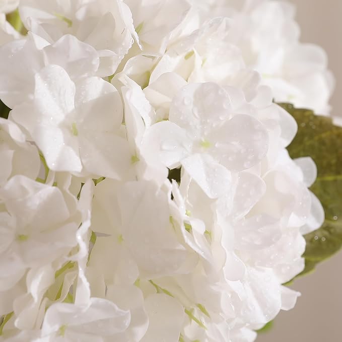 Tifuly 4pcs Fake Hydrangea with Vase -3D Real Touch Faux Hydrangea Flowers and 3pcs Eucalyptus Stems for Wedding Centerpiece Home Party Table Decoration（White）