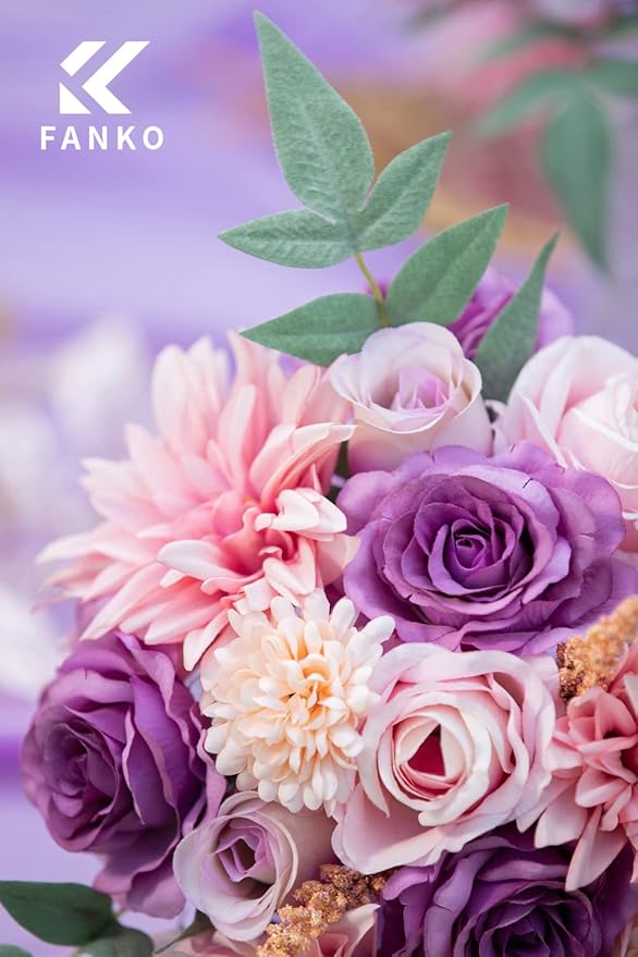 FANKO Rose Artificial Flowers Combo for DIY, Fake Purple Rose Silk Flowers Greenery, Faux Flowers for Wedding Bridal Bouquet, Baby Shower, Table Centerpieces, Floral Arrangement, Party Home Decoration
