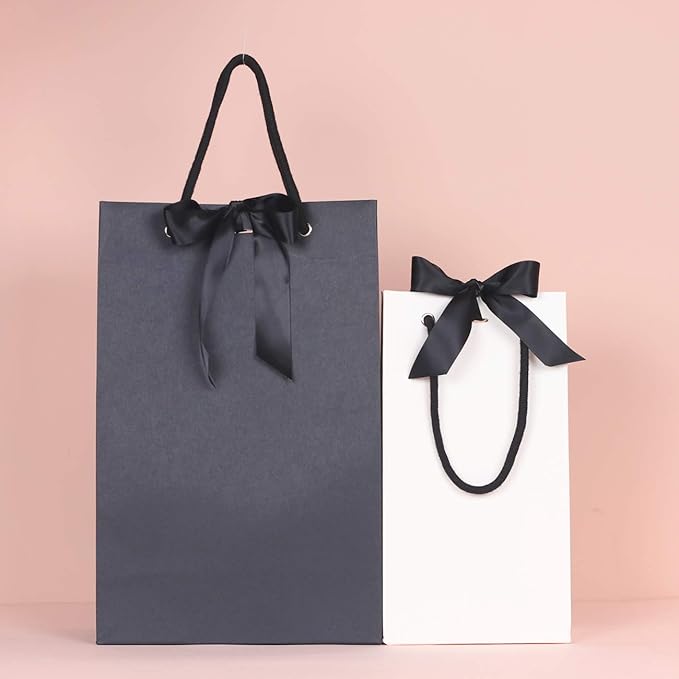 PAPERIST 10pcs Elegance Gift Bag with Satin Bows Ribbon, Sturdy Durable Thick Gift Bag, Black gift bag with Black handle and Ribbon, Gift bag for Wedding, Christmas, Birthday Party, Bridal Shower